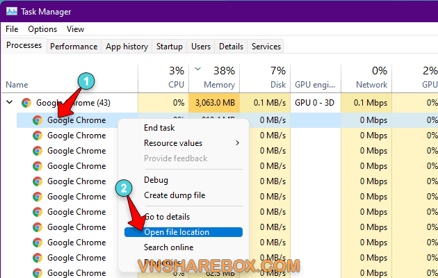 Mở File Location trên Windows