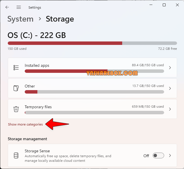 Show more categories - Settings Storage